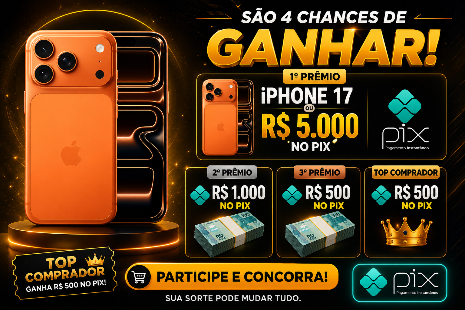 📱 Concorra a um iPhone 17 ou R$ 5.000 no PIX!